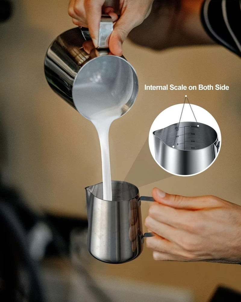 cicike 12 Ounces Stainless Steel Milk Frothing Pitcher, Measurements on Both Sides, Espresso Machine Accessories, Latte Art Cup with Insulated Handle, Creamer Pitcher for Single-Serve, No-drip or Spillage - Image 4
